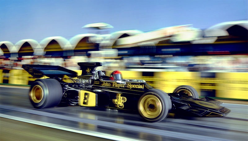Emmerson Fitapaldi racing under the sponsorship of JPS. Agency Sharps. Acess to the car was so difficult we built a model and a slow moving track and I made a long exposure while the wheels and the track moved and the car stood still to keep the logo sharp